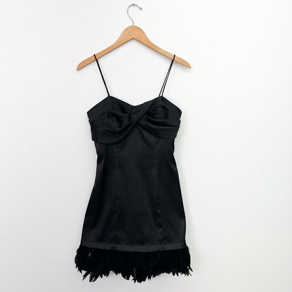 Roberta Women’s Black Satin Mini Spaghetti Strap Mini Dress Feather Trim